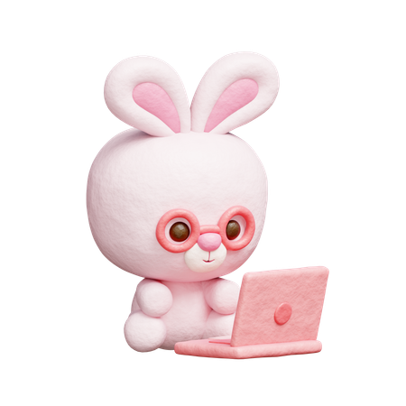 Cute Rabbit Working On Laptop  3D Icon