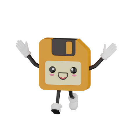 Cute Running Floppy Disk Character  3D Illustration