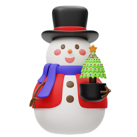 Cute Snowman With Christmas Pine Tree  3D Icon