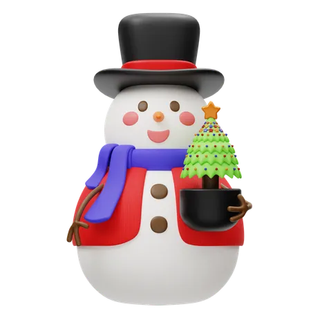 Cute Snowman With Christmas Pine Tree  3D Icon