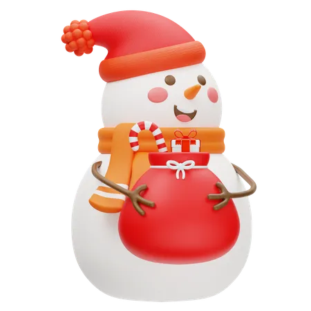 Cute Snowman With Gift Bag In Winter  3D Icon