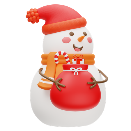 Cute Snowman With Gift Bag In Winter  3D Icon