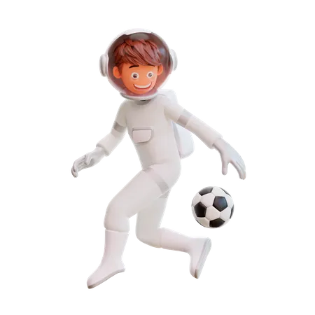 Cute spaceman astronaut playing football 3D Illustration
