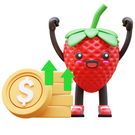 Cute Strawberry Celebrating Rising Money  3D Illustration
