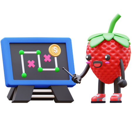 Cute Strawberry Explaining Business Strategy On Board  3D Icon
