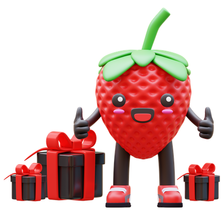 Cute Strawberry Giving Thumbs Up While Standing Surrounding Gifts  3D Illustration