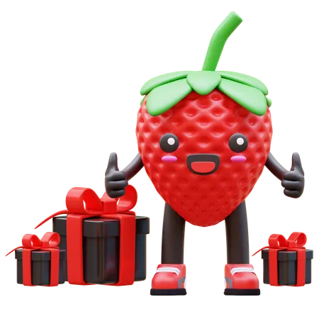 Cute Strawberry Giving Thumbs Up While Standing Surrounding Gifts  3D Illustration