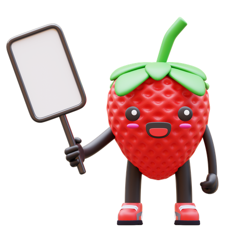 Cute Strawberry Holding Blank Board  3D Illustration