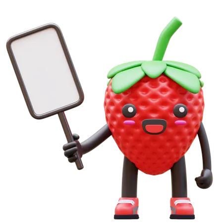 Cute Strawberry Holding Blank Board  3D Illustration