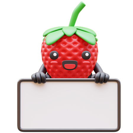 Cute Strawberry Holding Blank Board  3D Illustration
