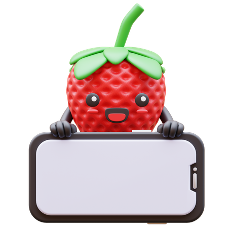 Cute Strawberry Holding Blank Smartphone Screen  3D Icon