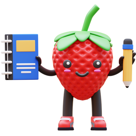 Cute Strawberry Holding Book And Pencil  3D Icon
