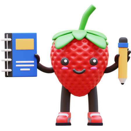Cute Strawberry Holding Book And Pencil  3D Illustration