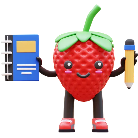 Cute Strawberry Holding Book And Pencil  3D Illustration