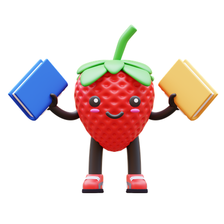 Cute Strawberry Holding Books  3D Illustration