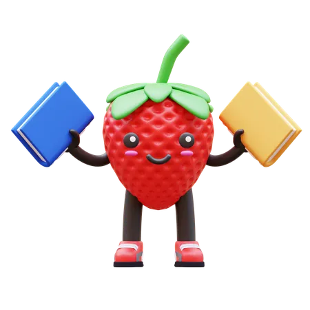 Cute Strawberry Holding Books  3D Illustration