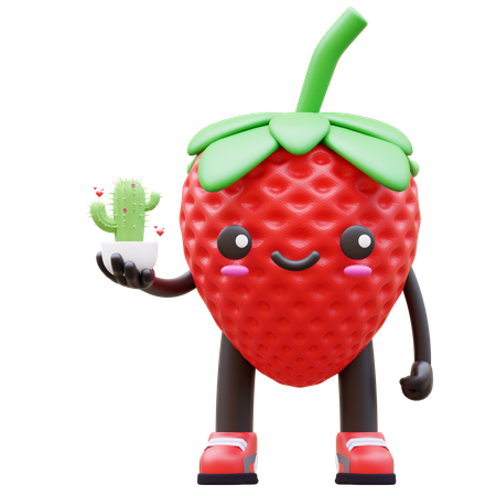 Cute Strawberry Holding Cactus Plant  3D Illustration