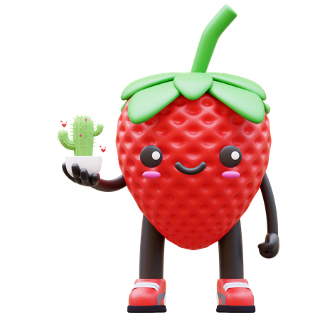 Cute Strawberry Holding Cactus Plant  3D Illustration