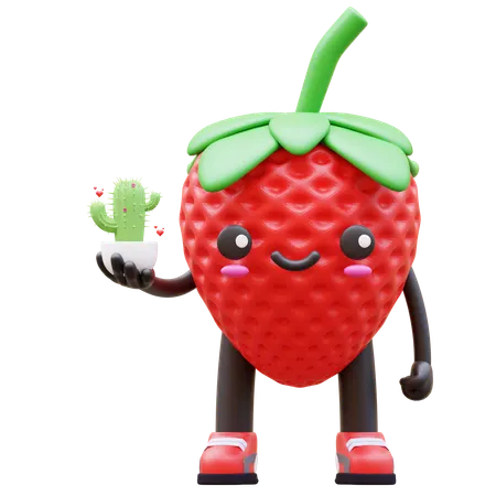 Cute Strawberry Holding Cactus Plant  3D Illustration