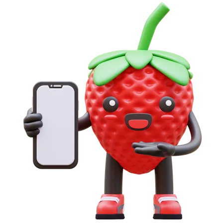 Cute Strawberry Holding Smartphone While Showing Blank Screen Mobile  3D Illustration