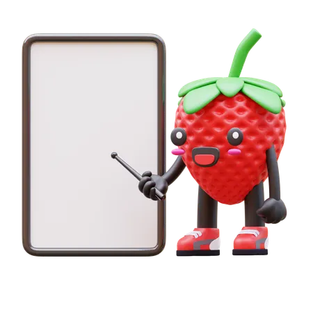 Cute Strawberry Pointing Blank Billboard  3D Illustration