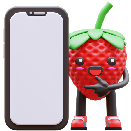 Cute Strawberry Pointing Blank Screen Phone  3D Illustration