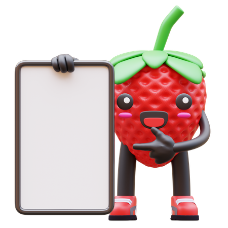 Cute Strawberry Pointing Blank Whiteboard Mockup  3D Illustration