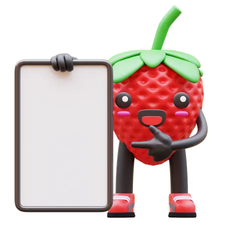 Cute Strawberry Pointing Blank Whiteboard Mockup  3D Illustration