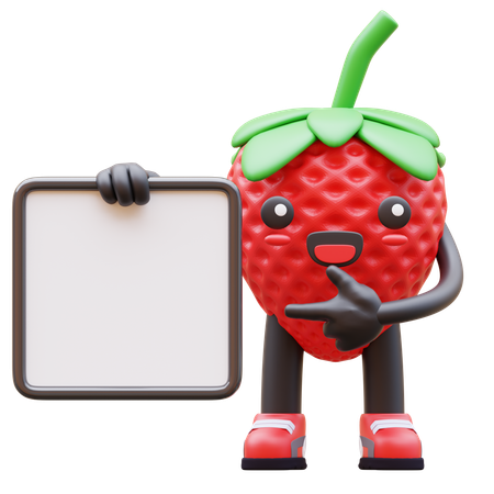 Cute Strawberry Presenting Blank Board  3D Illustration
