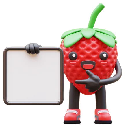 Cute Strawberry Presenting Blank Board  3D Illustration