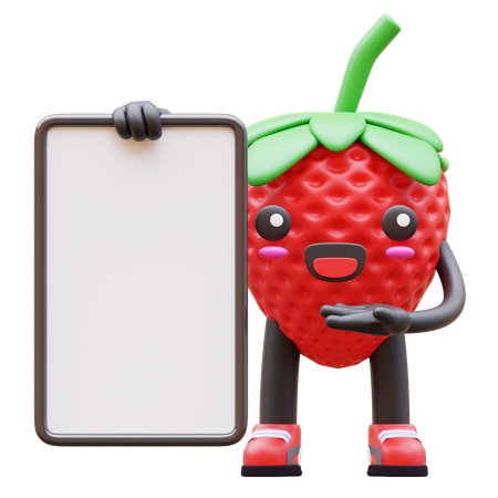 Cute Strawberry Presenting Blank Board  3D Illustration