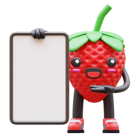 Cute Strawberry Presenting Blank Board  3D Illustration