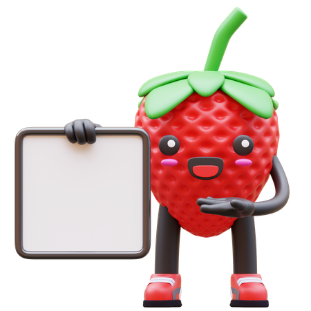 Cute Strawberry Presenting Blank Sign Board  3D Icon