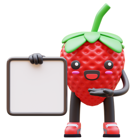 Cute Strawberry Presenting Blank Sign Board  3D Illustration