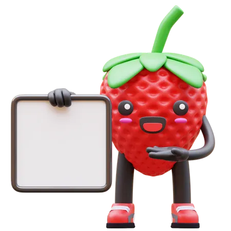 Cute Strawberry Presenting Blank Sign Board  3D Illustration