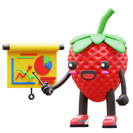 Cute Strawberry Presenting Business Chart  3D Illustration