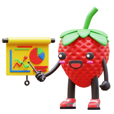 Cute Strawberry Presenting Business Chart  3D Illustration