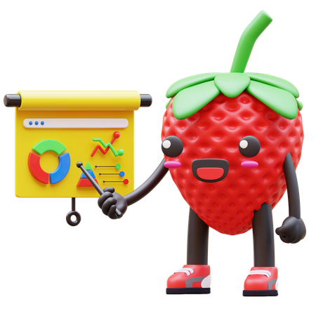 Cute Strawberry Presenting Business Charts  3D Illustration