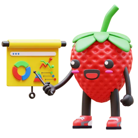 Cute Strawberry Presenting Business Charts  3D Illustration