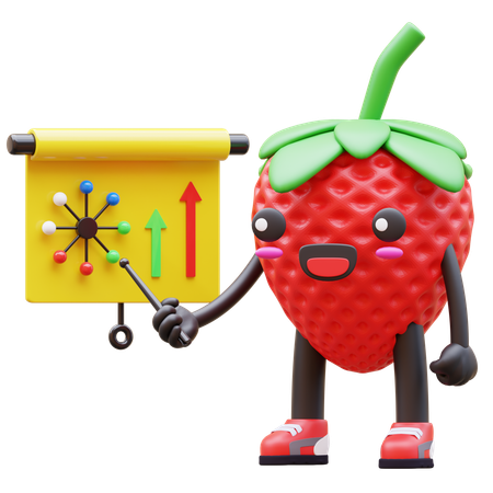 Cute Strawberry Presenting Business Data On Presentation Board  3D Illustration