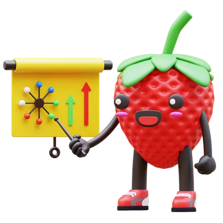 Cute Strawberry Presenting Business Data On Presentation Board  3D Illustration