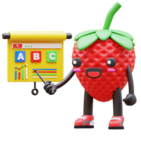 Cute Strawberry Presenting Business Plan  3D Illustration