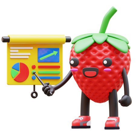 Cute Strawberry Presenting Data With Chart  3D Illustration