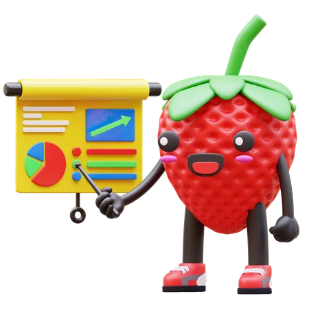 Cute Strawberry Presenting Data With Chart  3D Illustration