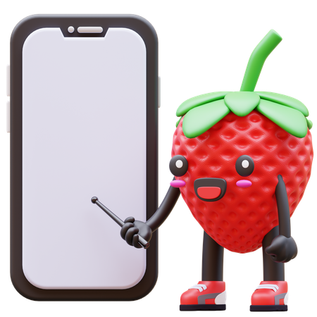 Cute Strawberry Presenting On Phone Screen  3D Icon