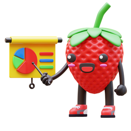 Cute Strawberry Presenting Pie Chart  3D Illustration