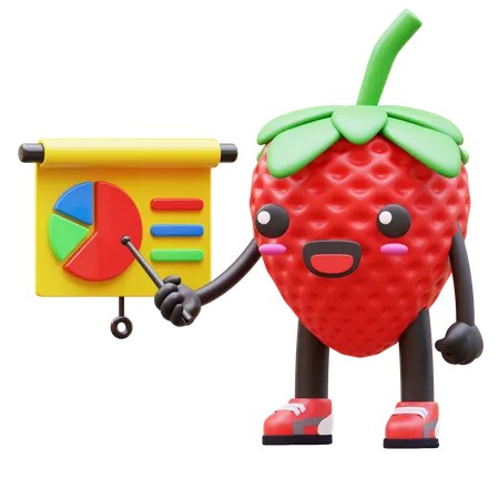 Cute Strawberry Presenting Pie Chart  3D Illustration
