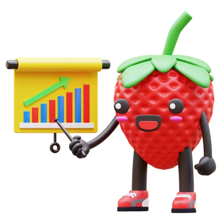 Cute Strawberry Presenting Positive Growth Chart  3D Illustration
