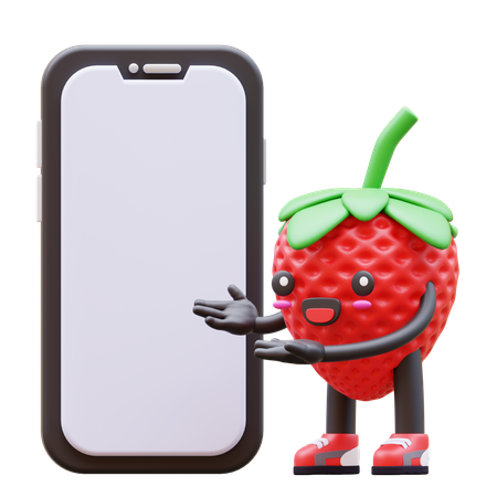 Cute Strawberry Presenting Smartphone With Blank Screen  3D Illustration