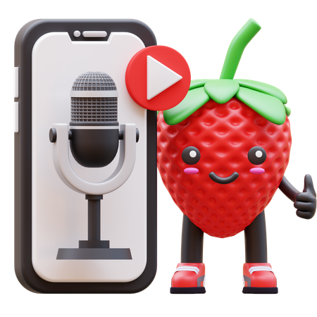 Cute Strawberry Promoting Podcast On Smartphone Screen  3D Icon